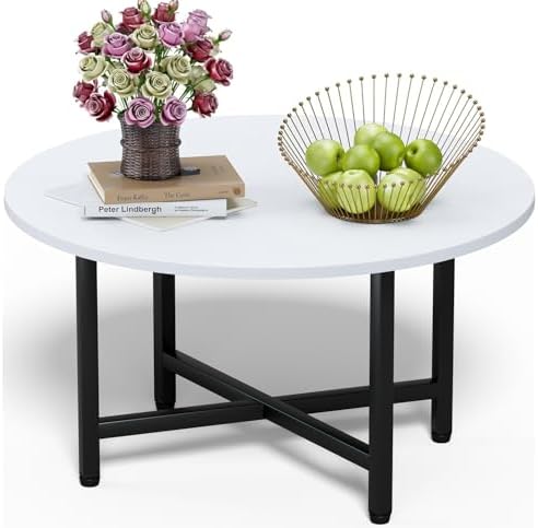 FAMIDGE Coffee Table, 23.6" Coffee Tables for Living Room, Round Coffee Table with Metal Frame, Floor Table for Sitting on The Floor, Home, Office, Black — Black Leg & White / 1 Tier (2)