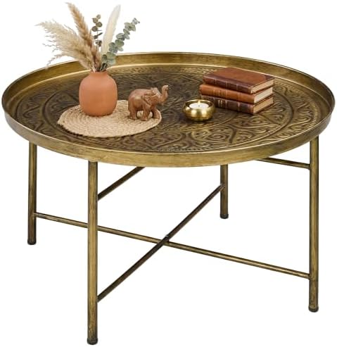 HOMCOM 24" Round Coffee Table with Hammered Tray Top, Vintage Metal Center Table for Living Room, Bedroom, Side Table, Gold — Gold (10)