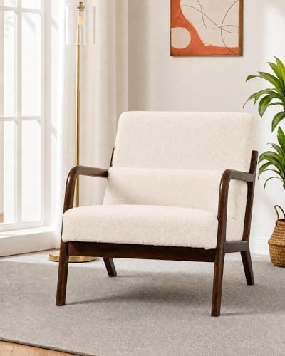 Garvee Mid-Century Chenille Accent Chair, Cozy Reading Chair, Modern Lounge Armchair with Lumbar Pillow, Solid Wood Frame, for Living Room, Bedroom, Office, Beige
