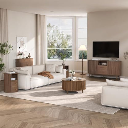 JOINICE 31.5" Round Coffee Table with Storage for Living Room, Walnut | Hidden Storage,Fluted Sliding Door,Mid Century Furniture for Small Apartments,Solid Wood Legs,Easy Assembly,Up to 110 lbs