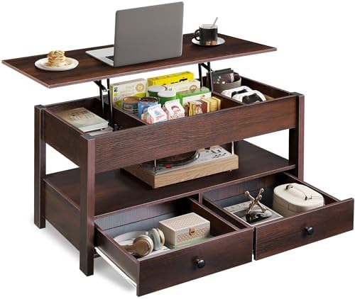 WLIVE Coffee Table with Lifting Top, Hidden Storage & Adjustable Shelf for Living Room Small Space, Multifunctional Rising Wooden Center Table, Mid Century Modern Tables for Home Dining Office, Brown