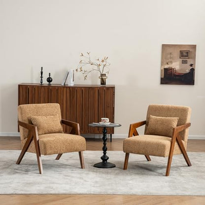 Mid-Century Modern Accent Chair with Solid Wood Frame，Upholstered Chenille Living Room Arm Chairs with Pillow for Bedroom, Living Room, Balcony, Reading Room, Green — 1 / Yellow (2)