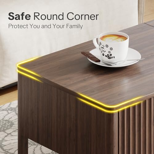 Fluted Lift Top Coffee Table with Hidden & Open Storage, Rectangle Modern Coffee Table for Living Room, Smooth Hydraulic Lift, Large Capacity, Safe Round Corners, Easy to Clean, Vertical Grain-Brown