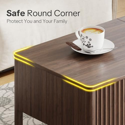 Fluted Lift Top Coffee Table with Hidden & Open Storage, Rectangle Modern Coffee Table for Living Room, Smooth Hydraulic Lift, Large Capacity, Safe Round Corners, Easy to Clean, Vertical Grain-Brown