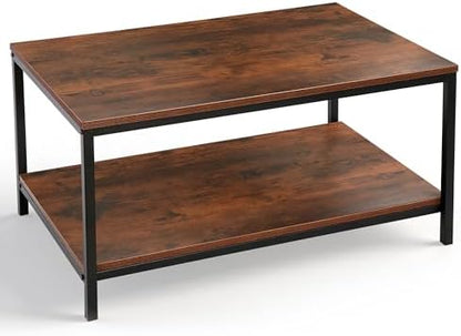 SUPER DEAL 2-Tier Industrial Coffee Table with Storage Shelf for Small Apartment Living Room, Rectangle Wood and Stable Metal TV Stand Side End Table, Rustic Brown