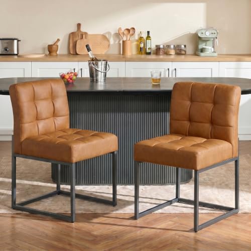 GrandNoor Coffee Faux Leather Dining Chairs Set of 4, Mid-Century Modern Dining Room Chairs with Armless, Checkered Kitchen Chair with Metal Legs