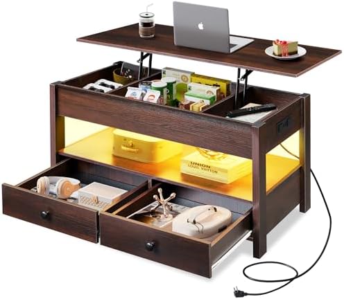 WLIVE Coffee Table with Lifting Top, Hidden Storage & Adjustable Shelf for Living Room Small Space, Multifunctional Rising Wooden Center Table, Mid Century Modern Tables for Home Dining Office, Brown