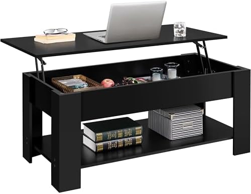Yaheetech Wooden Coffee Table, Lift Top Coffee Table with Large Hidden Storage Shelf, Lift Tabletop Dining Tables for Living Room, Home Small Space, 38.6in, Black — Black / 38.6 inches (10)