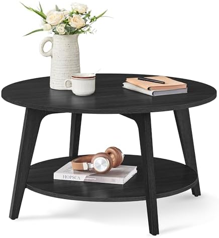 VASAGLE MAEZO Collection - Round Coffee Table, 2-Tier Center Table with Storage, Tapered Legs, Curved Transitions, 31.5 Dia. x 17.7 H Inches, Easy Assembly, for Living Room, Honey Brown ULCT243K41 — Charcoal Gray (2)