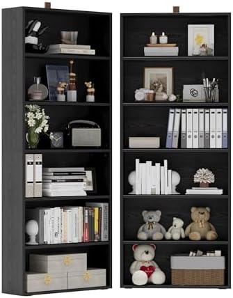 IRONCK Bookshelf and Bookcases 70" Tall, 6 Tiers Display Storage Shelves | Bookshelves Set of 2, Wood Bookcase with Open Display Shelves for Home Office, Living Room, Library, Industrial Brown — Vintage Black (2)