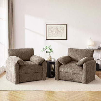 Howjoe Chenille Oversized Armchair, 38.6" Wide Accent Chairs for Living Room & Bedroom Modern Lounge Chair, Upholstered Mid-Century Reading Chair, Comfy Living Room Chair, Single Sofa Chair, Beige — Brown / 1 Pack (2)