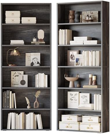 IRONCK Bookshelf and Bookcases 70" Tall, 6 Tiers Display Storage Shelves | Bookshelves Set of 2, Wood Bookcase with Open Display Shelves for Home Office, Living Room, Library, Industrial Brown — Charcoal Grey (2)