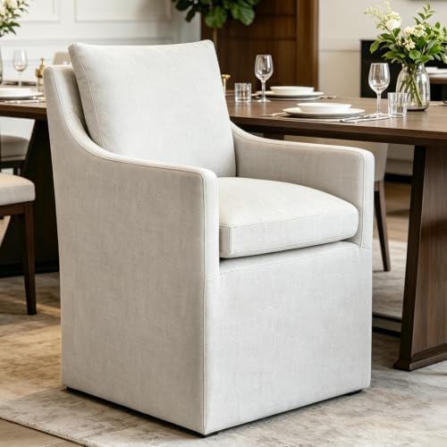 DUHOME Upholstered Dining Chair Set of 2 360 Swivel Linen Accent Armchair | Pre-Assembled Modern Rolling Armchair with Silent Casters, Beige Linen Accent Chair for Dining Room Living Room Bedroom