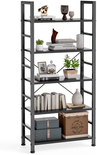 DUMOS 5 Tiers Bookshelf, Classical Modern Book Shelf, Tall Display Shelves in Living Room/Home/Office, Storage Organizer for CDs/Books/Movies, Rustic Brown | Tall Display Shelves in Living Room/Home/Office, Storage Organizer for CDs/Books/Movies, Rustic B