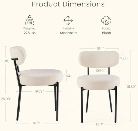 DUMOS Dining Chairs Set of 2, Mid Century Modern Chair Round Upholstered Curved Backrest, Kitchen Vanity Living Room Chairs with Black Metal Legs，Ivory White