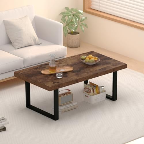 IBF Rustic Coffee Table, Industrial Simple Wooden Living Room Table, Modern Minimalist Farmhouse Rectangle Center Table, Wood and Metal Vintage Tea Coffee Table for Home Bedroom, Rustic Brown, 39 Inch