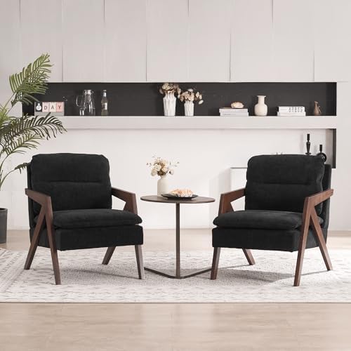 Mid-Century Modern Accent Chair with Solid Wood Frame，Upholstered Chenille Living Room Arm Chairs with Pillow for Bedroom, Living Room, Balcony, Reading Room, Green — 1 / Chenille Black (2)