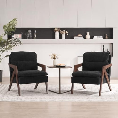 Mid-Century Modern Accent Chair with Solid Wood Frame，Upholstered Chenille Living Room Arm Chairs with Pillow for Bedroom, Living Room, Balcony, Reading Room, Green — 1 / Chenille Black (2)