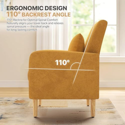 Magshion Accent Chair for Living Room, Comfy Mid-Century Reading Chair for Bedroom, Upholstered Linen Fabric Armchair Single Sofa with Back Pillow & Wood Legs, 300 lbs Capacity, Yellow