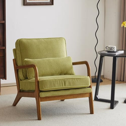 Karl home Mid-Century Modern Accent Reading Chair, Beige | Linen Upholstered, Solid Wood Frame, Soft Cushion, Lumbar Pillow, Lounge Armchair for Living Room, Bedroom, Balcony, Study — Corduroy Green (2)