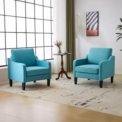 VINGLI Accent Chair for Living Room Chairs Light Brown Reading Chair for Bedroom Scooped Arm Chair Mid Century Modern Accent Chairs Upholstered Comfy Chair for Apartment, Waiting Room — 1 / Teal Blue Linen (2)