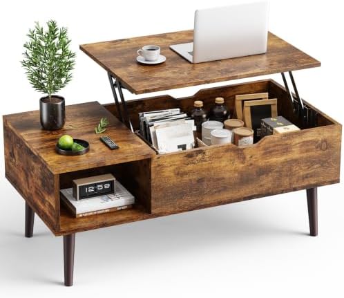 OLIXIS Wooden Coffee Table, Lift Top Coffee Table with Large Hidden Compartment and Ample Storage Shelf, Lift Tabletop Dining Table for Living Room, Home Small Space, Rustic — Rust Brown / 39.4 In (2)