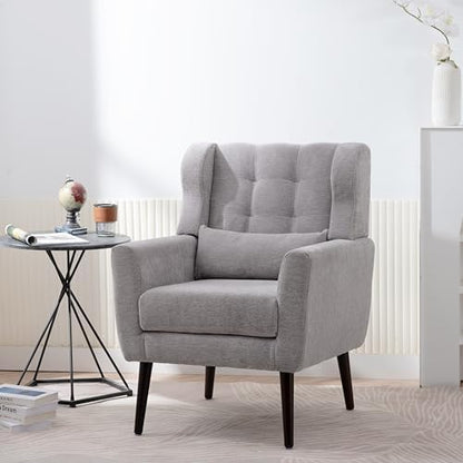 Accent Chair, Comfy Upholstered Living Room Chairs with High Tufted Backrest and Pillow, Wingback Reading Chair with Solid Wood Legs for Bedroom/Office,Teddy Fabric, Light Green — Set of 1 / Grey (2)