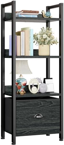 Furologee 5 Tier Bookshelf with Drawer, Tall Narrow Bookcase with Shelves, Wood and Metal Bookshelves Storage Organizer, Industrial Display Standing Shelf Unit for Bedroom, Living Room, Rustic Brown