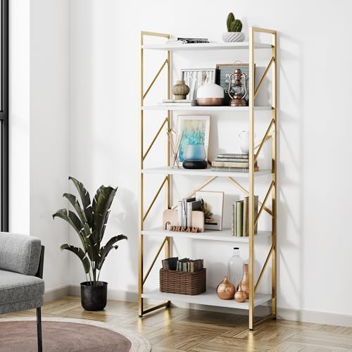 Shintenchi 5 Tiers Bookshelf, Classically Tall Bookcase Shelf, Industrial Book Rack, Modern Book Holder in Bedroom/Living Room/Home/Office, Storage Rack Shelves for Books/Movies-Rustic Brown — Gold (2)