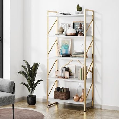 Shintenchi 5 Tiers Bookshelf, Classically Tall Bookcase Shelf, Industrial Book Rack, Modern Book Holder in Bedroom/Living Room/Home/Office, Storage Rack Shelves for Books/Movies-Rustic Brown — Gold (2)