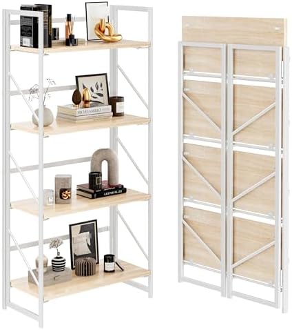 JSB No Assembly Folding Bookshelf, 4 Tier Industrial Metal Book Shelf for Storage, Vintage Wood Foldable Bookcase for Living Room, Bedroom, Office Organization Shelves