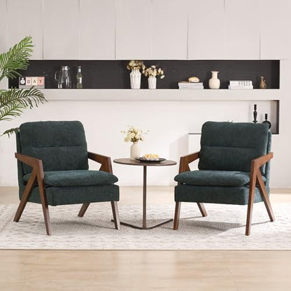 Mid-Century Modern Accent Chair with Solid Wood Frame，Upholstered Chenille Living Room Arm Chairs with Pillow for Bedroom, Living Room, Balcony, Reading Room, Green — 1 / Chenille Green (2)