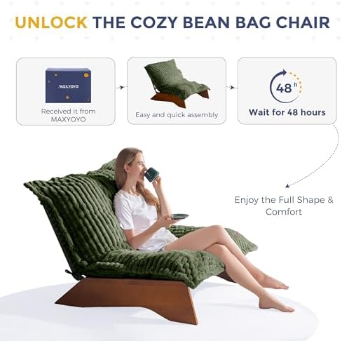 MAXYOYO Adjustable Living Room Chair, 3-Position Bean Bag Chair with Removable Cover, Upholstered Accent Chair with Frame, Soft Reclining Lounge for Bedroom, Apartment, Office, Green