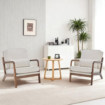 DUMOS Mid Century Modern Accent Chair, Armchair with Lumbar Pillow and Waist Cushion, Solid Wood Frame Lounge Chair for Living Room, Bedroom, Reading Nook, Small Apartment Corner, Ivory White — Linen Beige / 1 Pack (2)