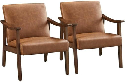 Yaheetech Faux Leather Accent Chair, Mid-Century Modern Armchair with Solid Wood Legs, Reading Leisure Chair with High Back for Living Room Bedroom Waiting Room, Set of 2, Brown