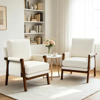 RNKSFX Cream Accent Chair for Bedroom & Living Room, Mid Century Modern Accent Arm Chair, Upholstered Anthropologie Accent Chair with Solid Wood Frame, Fabric