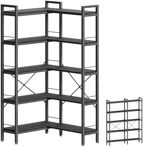 Huuger 5 Tier Bookshelf, L Shaped Corner Bookshelf with 10 Open Shelves, 49.4 Inch Straight Wide Bookcase with Metal Frame and Wooden Board, Adjustable Feet, Rustic Brown
