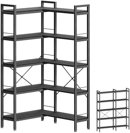 Huuger 5 Tier Bookshelf, L Shaped Corner Bookshelf with 10 Open Shelves, 49.4 Inch Straight Wide Bookcase with Metal Frame and Wooden Board, Adjustable Feet, Rustic Brown
