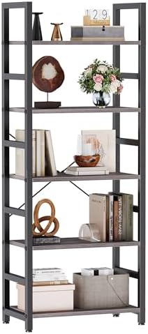 DUMOS 5-Tier Bookshelf, Modern Tall Bookcase Book Shelf | Open Storage Display Shelf for Living Room, Bedroom, Home Office, Narrow Standing Shelving Unit for Books, CDs, Décor Black — Grey Wood / 5 Tier (2)