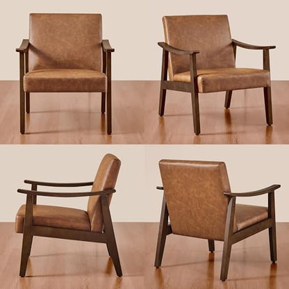 Yaheetech Faux Leather Accent Chair, Mid-Century Modern Armchair with Solid Wood Legs, Reading Leisure Chair with High Back for Living Room Bedroom Waiting Room, Set of 2, Brown