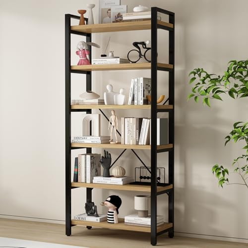 WH-AOERPUMY 5 Tier Bookcase, Solid Wood Bookshelf Rustic Vintage Industrial Etagere Bookcase, Metal and Wood Free Vintage Bookshelf, Retro Brown (5-Tiers)