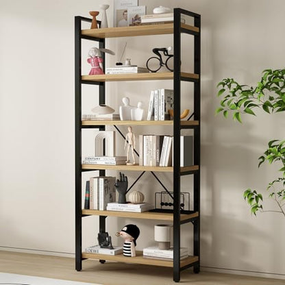 WH-AOERPUMY 5 Tier Bookcase, Solid Wood Bookshelf Rustic Vintage Industrial Etagere Bookcase, Metal and Wood Free Vintage Bookshelf, Retro Brown (5-Tiers)