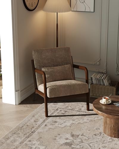 Garvee Mid-Century Chenille Accent Chair, Cozy Reading Chair, Modern Lounge Armchair with Lumbar Pillow, Solid Wood Frame, for Living Room, Bedroom, Office, Beige — Brown-wide Wale Corduroy / 1 Pack (2)