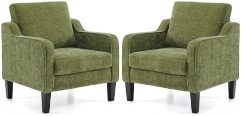 VINGLI Modern Accent Chairs Set of 2, Beige Living Room Chairs Comfy Armchair for Bedroom, Upholstered Sofa Chair Reading Chair for Small Spaces, Apartment, Waiting Room — 1 / Olive Green Chenille (2)