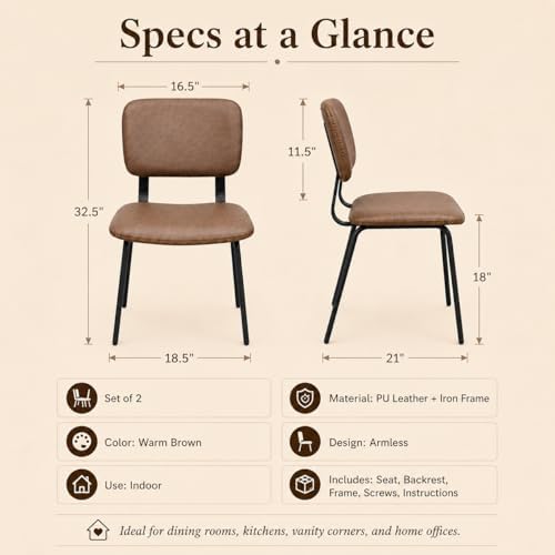 Brown Dining Chairs Set of 2, Faux Leather Upholstered Kitchen & Dining Room Chairs with Back, Modern Armless Side Chairs with Black Metal Legs for Dining Room, Kitchen, Vanity, Guest Room