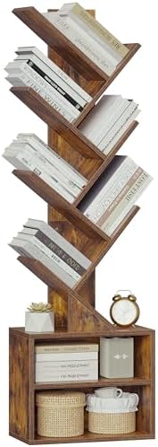 SUNMORY 6 Tier Tree Bookshelf, Small Bookcase with Storage Cabinet, Modern Tall Narrow Bookshelves Organizer, Floor Standing Book Shelf for Bedroom/Living Room/Home Office/Corner, Rustic Brown — Brown / 6 Tier-Standard (9)