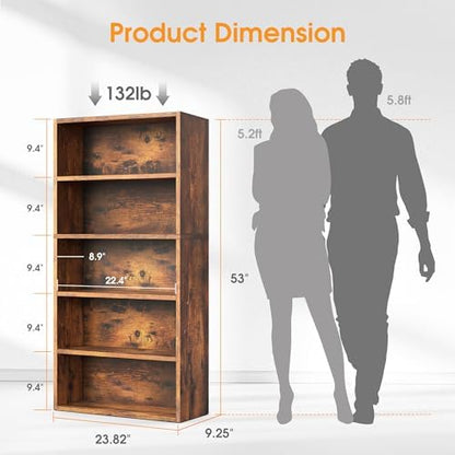 Sweetcrispy 5 Shelf Bookcase Open Display Bookshelf Storage Organizer | 53 Inches Tall Book Shelf Floor Standing Corner Unit, Living Room, Home Office, Kitchen, Bedroom, Rustic Brown Wood