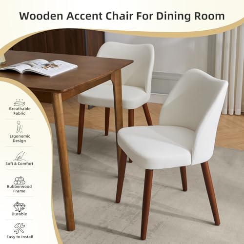 GarveeHome Wooden Dining Chair Set of 4 Upholstered Fabric Dining Chair | Modern Kitchen Chairs with Curved Backrest Leveling Feet for Dining Room, Living Room, , No tool assembly, No Wobble, White