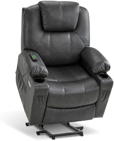 MCombo Electric Power Lift Recliner Chair Sofa with Massage and Heat for Elderly, 3 Positions, 2 Side Pockets, and Cup Holders, USB Ports, Faux Leather 7040 (Grey, Medium) — Medium / Grey (12)