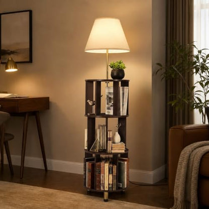 Tribesigns 62.2'' Wood Bookcase with Light, 4 Tier Bookshelf Floor Lamp | Modern Freestanding Storage Shelf with Linen Fabric Shade, Corner Bookcase with Reading Light for Living Room, Bedroom